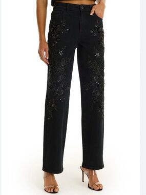 The Ni Jeans Embroidered High-Rise Straight Leg Jeans - Black